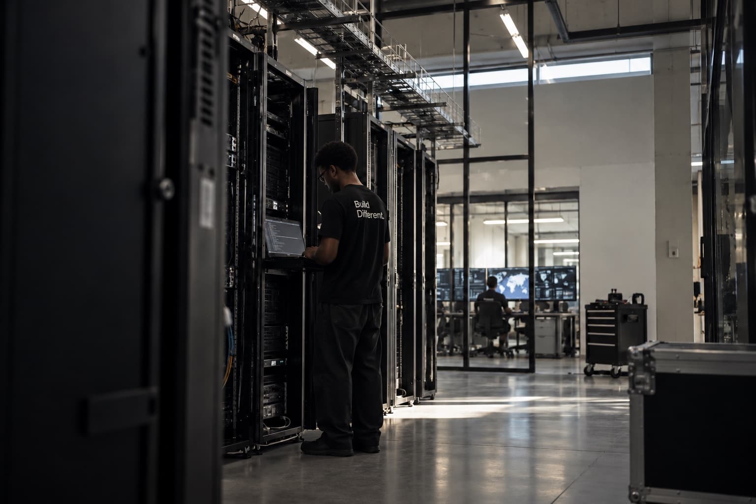 A Cencori engineer working on server racks on a data centre floor